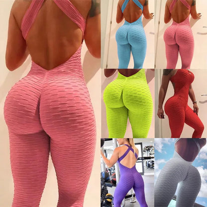 2025 Sexy Halter Women's Tracksuit Yoga High Waist Play Suit Slim Sport Backless Top Running Sportswear Pants Push Up Jumpsuit